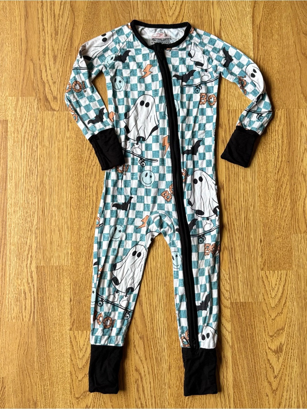 Bella-Breez Kids Ghost Skate One-Piece Pajamas Teal Check Halloween Fall Sz 2Y